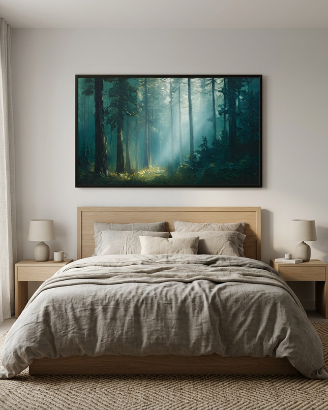 Joy Among Trees hand-painted landscape painting displayed in a serene bedroom