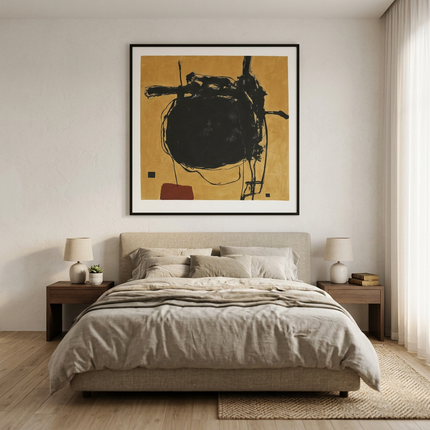 Obsidian Orbit hand-painted abstract painting displayed in a serene bedroom