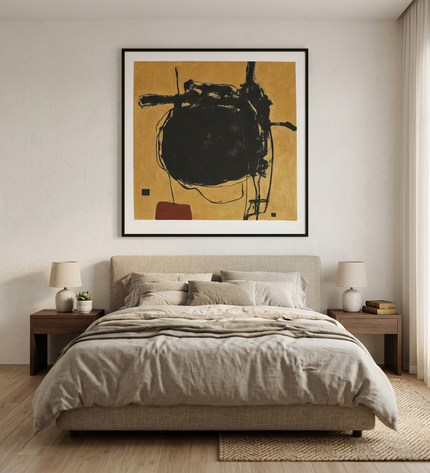 Obsidian Orbit hand-painted abstract painting displayed in a serene bedroom