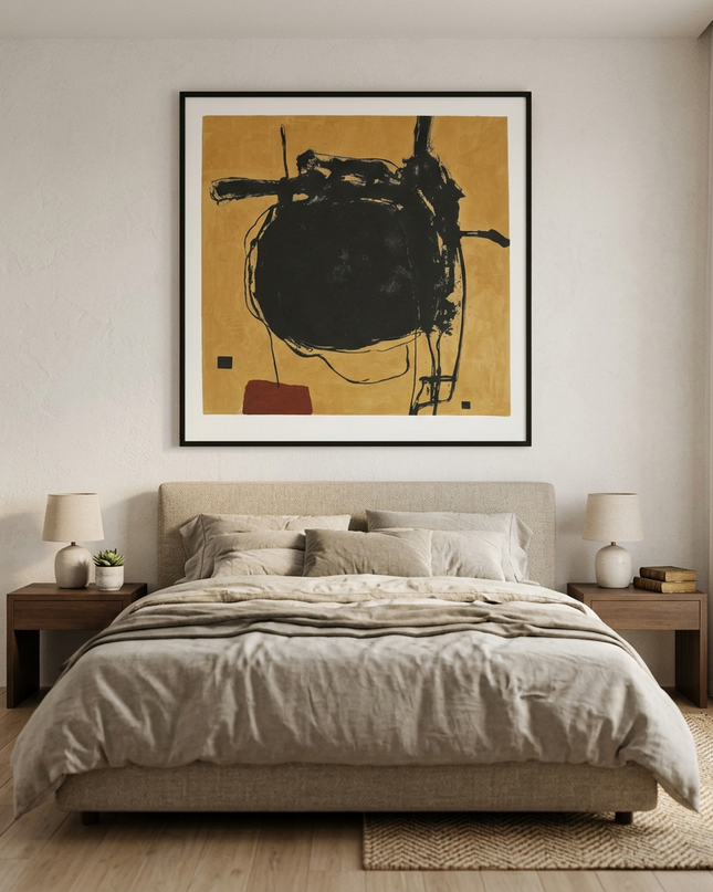 Obsidian Orbit hand-painted abstract painting displayed in a serene bedroom
