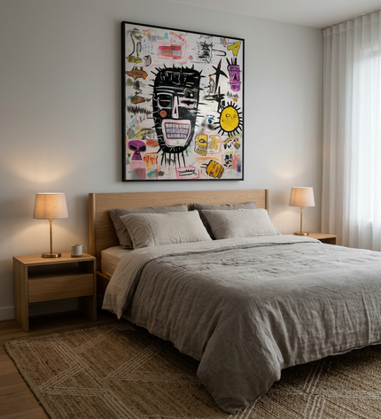 Tribal Pop hand-painted abstract painting displayed in a serene bedroom