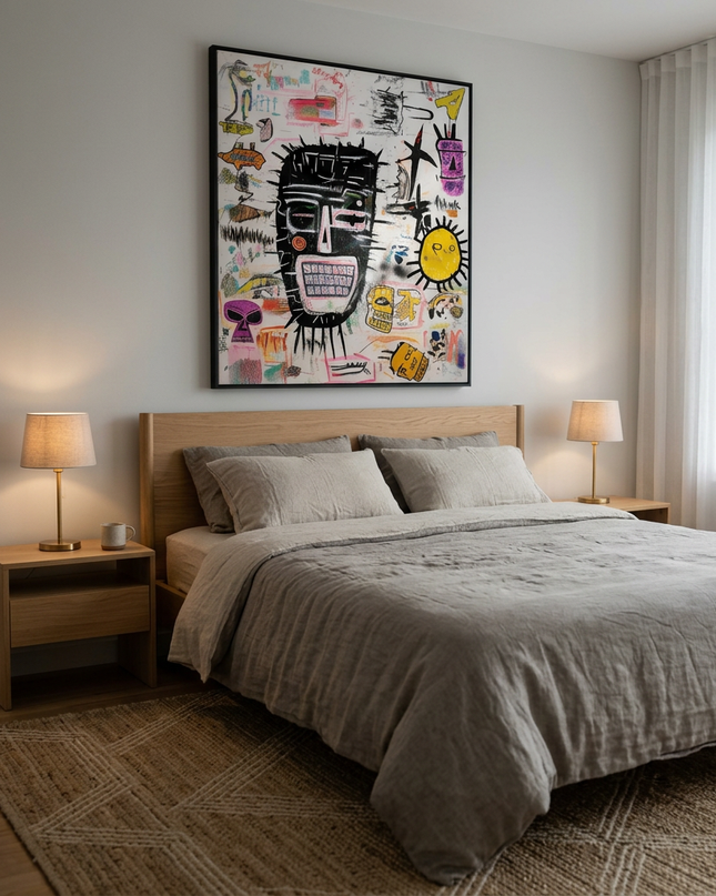 Tribal Pop hand-painted abstract painting displayed in a serene bedroom