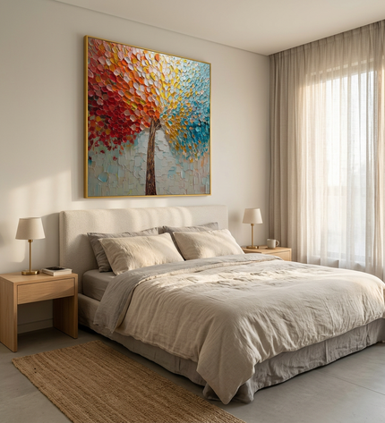 Joyful Tree hand-painted landscape painting displayed in a serene bedroom