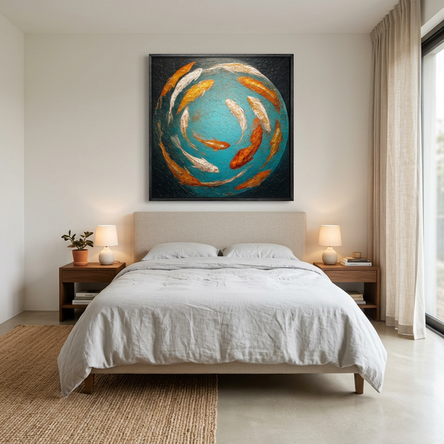 Koi of Prosperity above a bed in a bright bedroom with daylight from the right