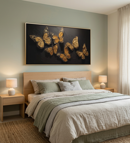 Soaring Butterflies hand-painted figurative painting displayed in a serene bedroom