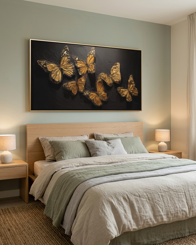 Soaring Butterflies hand-painted figurative painting displayed in a serene bedroom