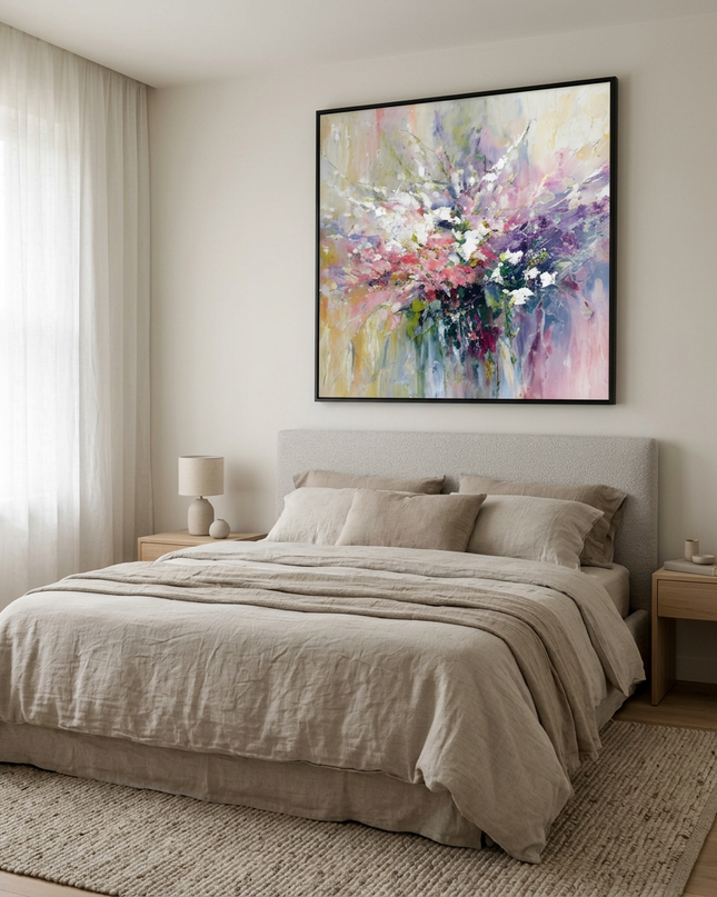 Spring Sonata hand-painted floral painting displayed in a serene bedroom