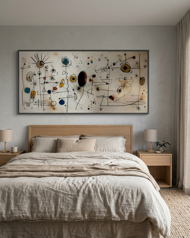 Echoes in Space hand-painted abstract painting displayed in a serene bedroom
