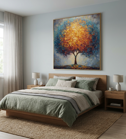 Legacy Tree hand-painted cityscape painting displayed in a serene bedroom
