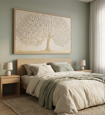 Blooming Growth hand-painted floral painting displayed in a serene bedroom