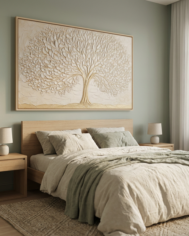Blooming Growth hand-painted floral painting displayed in a serene bedroom