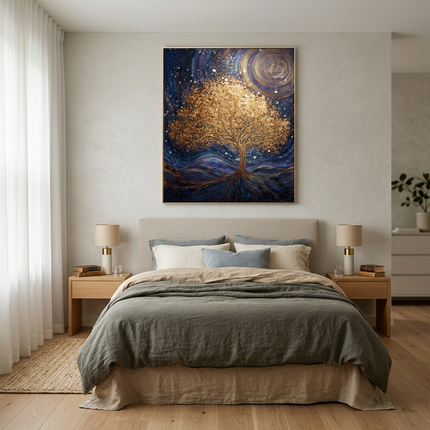 Roots of the Universe hand-painted landscape painting displayed in a serene bedroom