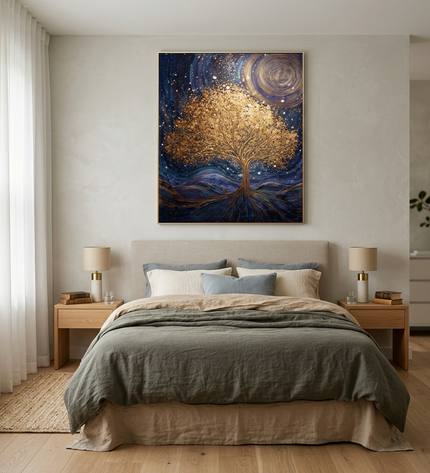 Roots of the Universe hand-painted landscape painting displayed in a serene bedroom