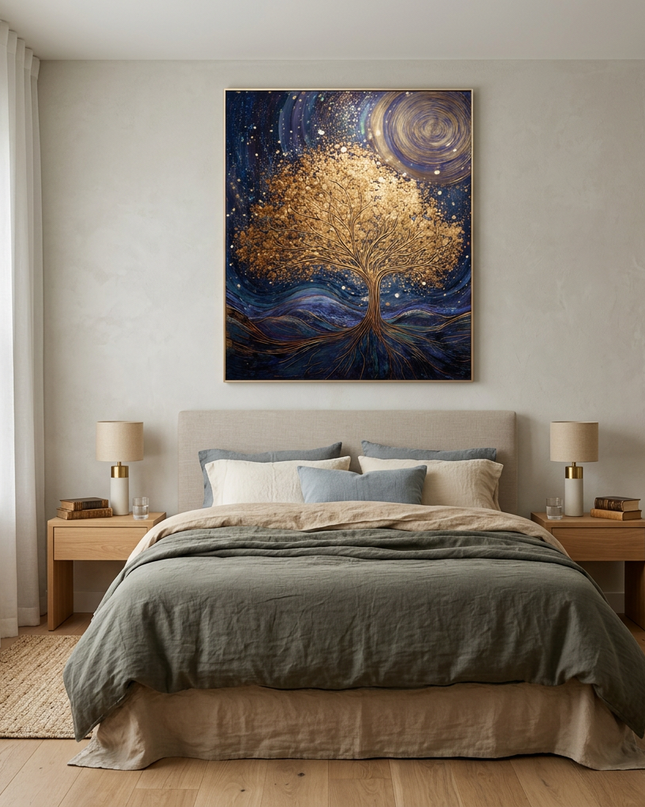 Roots of the Universe hand-painted landscape painting displayed in a serene bedroom