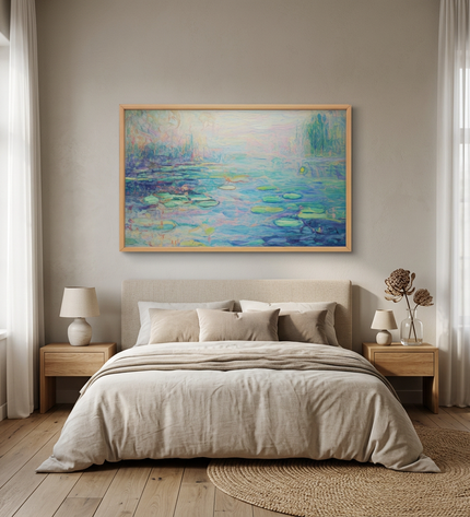 Garden of Reflections hand-painted landscape painting displayed in a serene bedroom