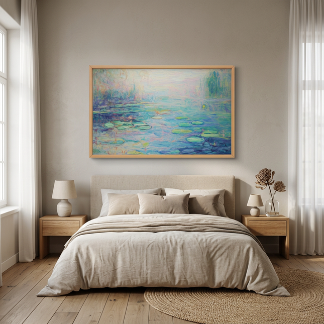 Garden of Reflections hand-painted landscape painting displayed in a serene bedroom