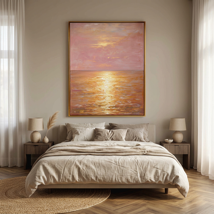 Golden Horizon hand-painted landscape painting displayed in a serene bedroom