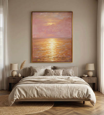 Golden Horizon hand-painted landscape painting displayed in a serene bedroom