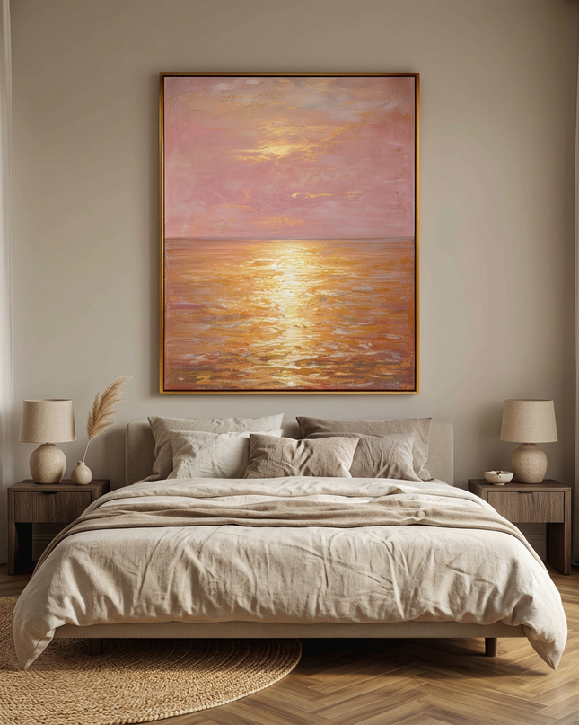 Golden Horizon hand-painted landscape painting displayed in a serene bedroom