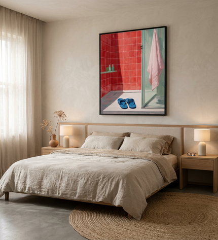 Holiday Vibe hand-painted contemporary painting displayed in a serene bedroom