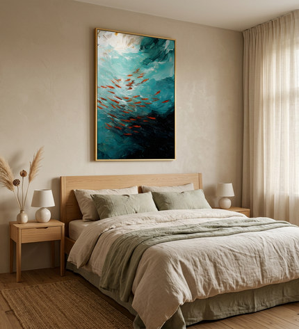 Currents of Life hand-painted landscape painting displayed in a serene bedroom