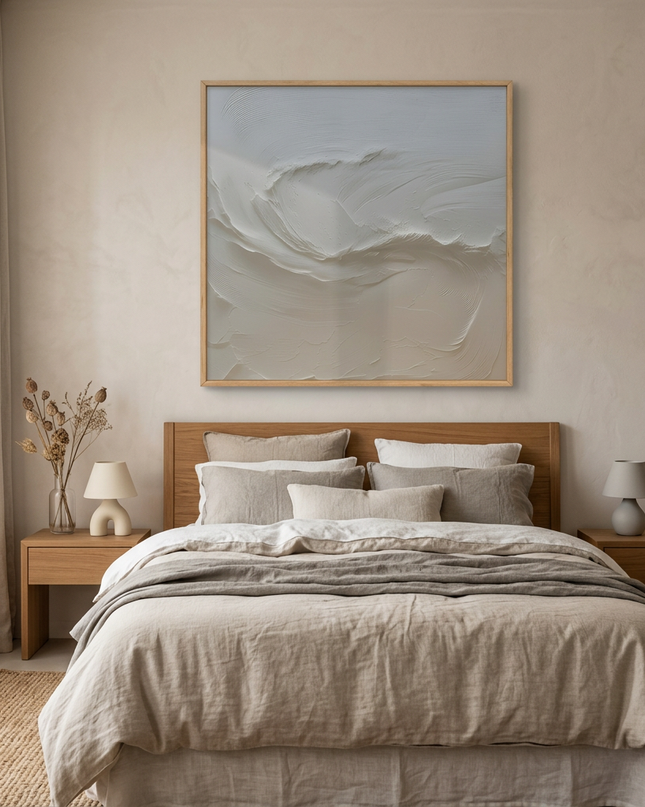 Lunar Tides hand-painted landscape painting displayed in a serene bedroom