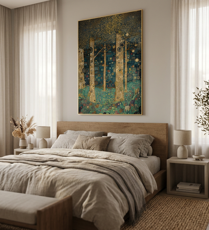 Mystic Woodland hand-painted landscape painting displayed in a serene bedroom