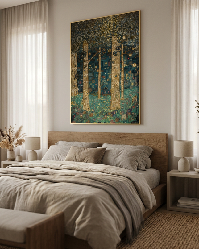 Mystic Woodland hand-painted landscape painting displayed in a serene bedroom