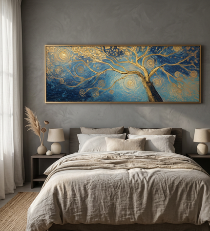 Tree of Dreams hand-painted figurative painting displayed in a serene bedroom