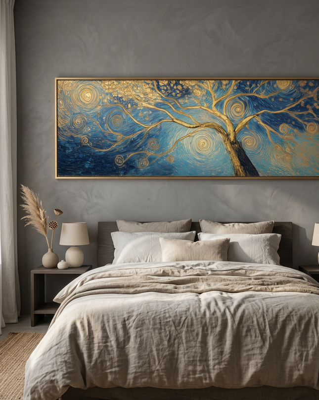 Tree of Dreams hand-painted figurative painting displayed in a serene bedroom