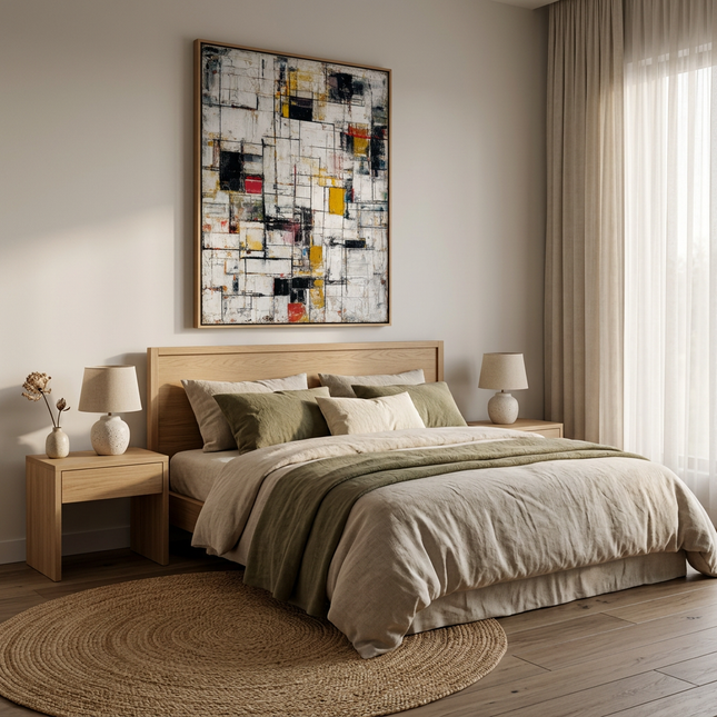 Living Structures hand-painted contemporary painting displayed in a serene bedroom