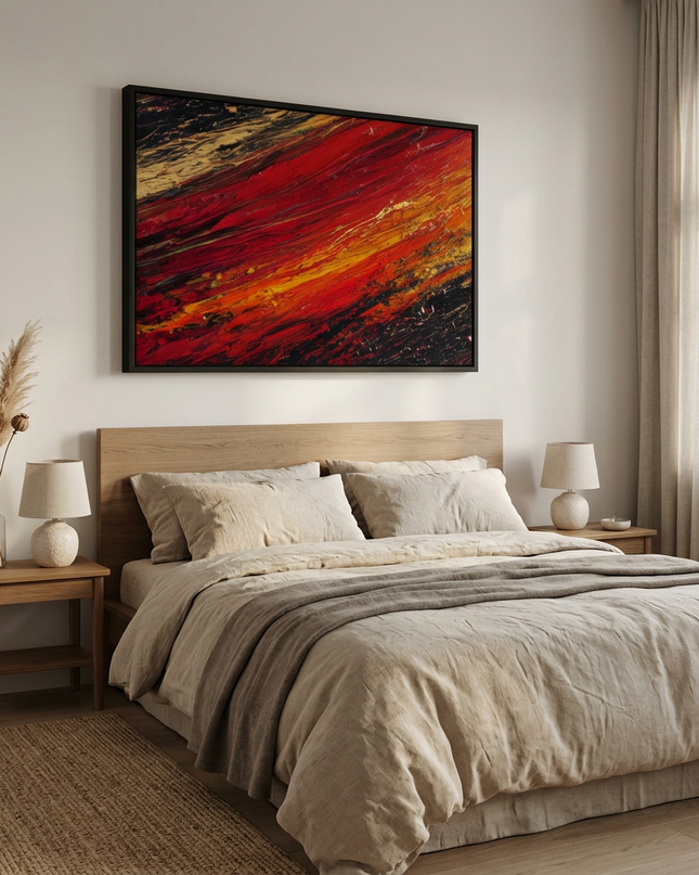 Passion Ripples hand-painted contemporary painting displayed in a serene bedroom