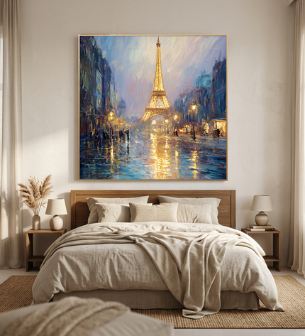 Midnight in Paris hand-painted cityscape painting displayed in a serene bedroom