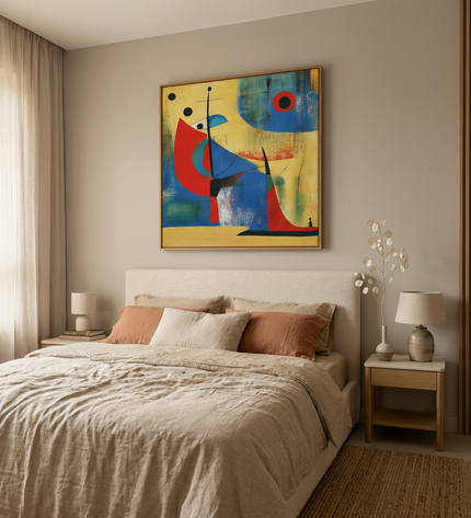 Voyager’s Dreams hand-painted abstract painting displayed in a serene bedroom