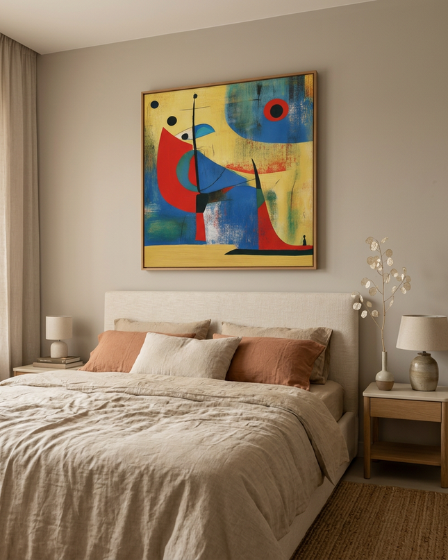 Voyager’s Dreams hand-painted abstract painting displayed in a serene bedroom