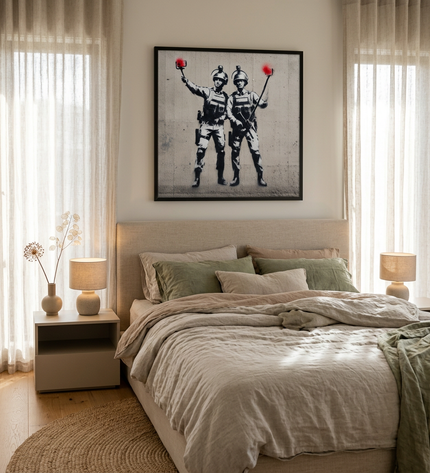 Selfie Squad hand-painted figurative painting displayed in a serene bedroom