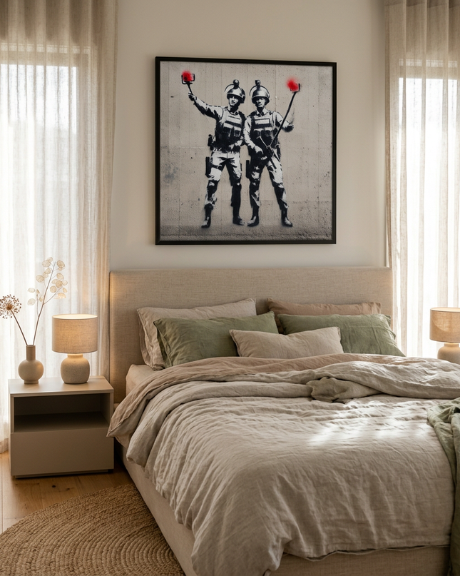 Selfie Squad hand-painted figurative painting displayed in a serene bedroom