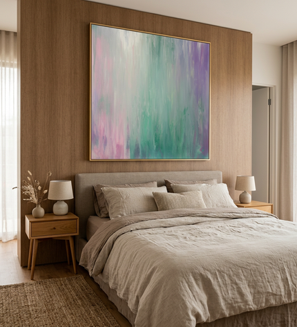 Northern Colors hand-painted contemporary painting displayed in a serene bedroom