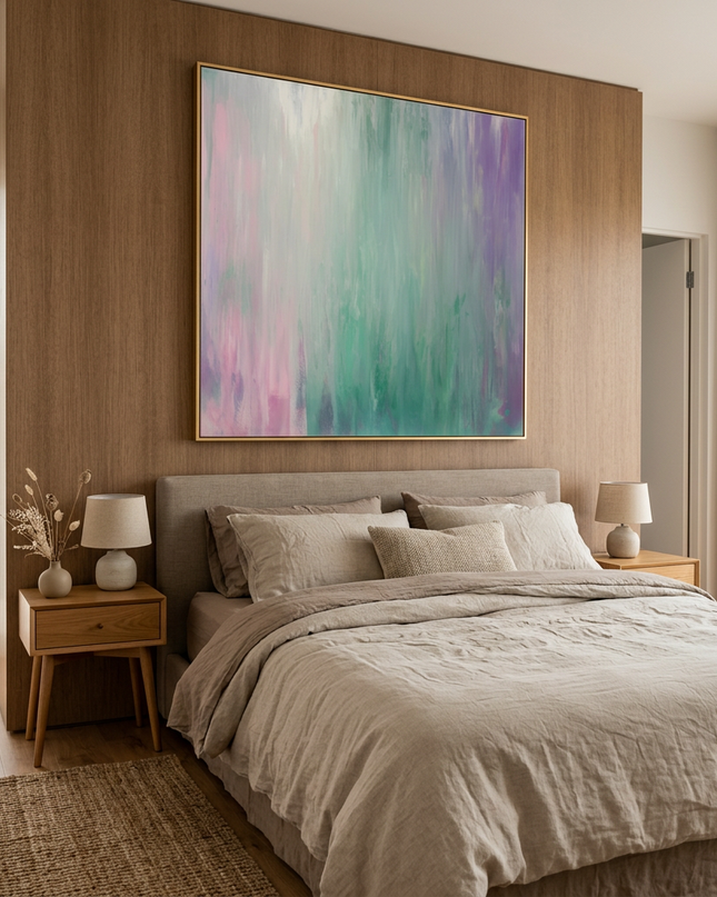 Northern Colors hand-painted contemporary painting displayed in a serene bedroom