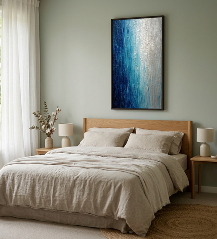 Silver Tide hand-painted landscape painting displayed in a serene bedroom