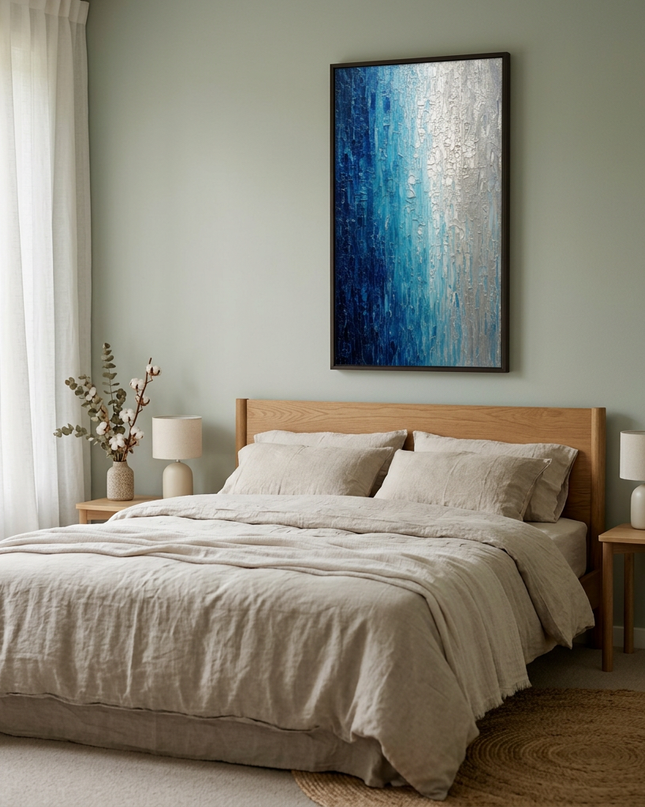 Silver Tide hand-painted landscape painting displayed in a serene bedroom