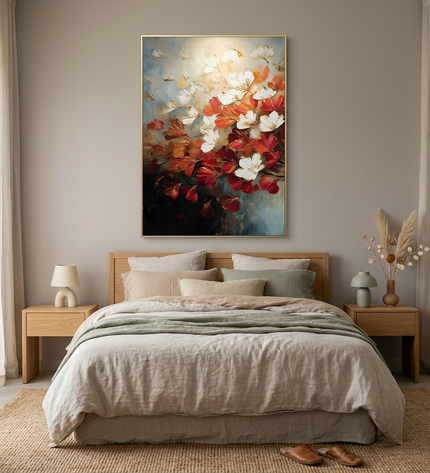 Smells Like Spring hand-painted landscape painting displayed in a serene bedroom