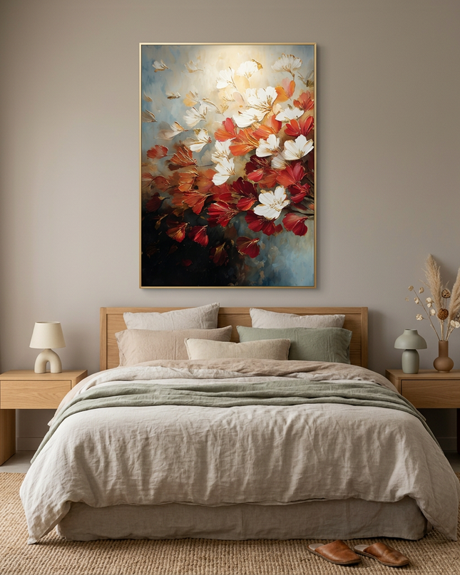 Smells Like Spring hand-painted landscape painting displayed in a serene bedroom