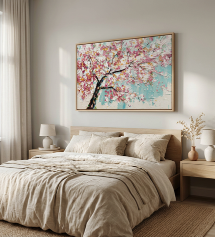 Cherry Sky hand-painted landscape painting displayed in a serene bedroom