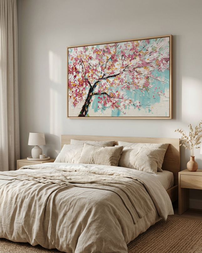 Cherry Sky hand-painted landscape painting displayed in a serene bedroom