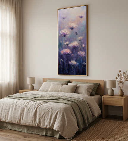Lilac Serenade hand-painted landscape painting displayed in a serene bedroom