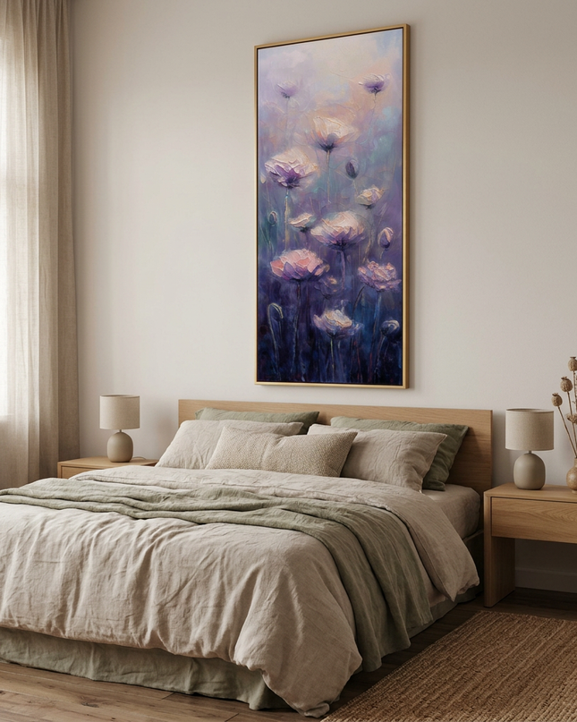 Lilac Serenade hand-painted landscape painting displayed in a serene bedroom