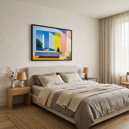 Constructed Dimension hand-painted landscape painting displayed in a serene bedroom