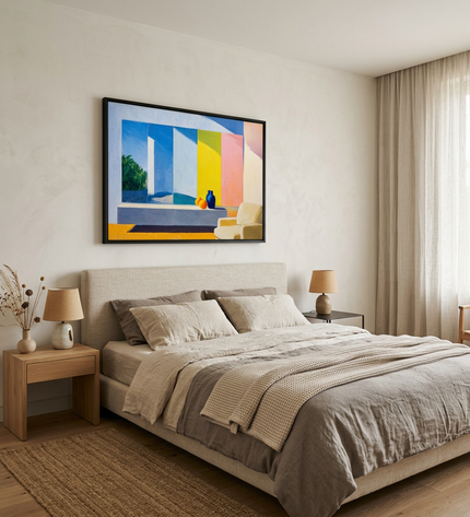 Constructed Dimension hand-painted landscape painting displayed in a serene bedroom