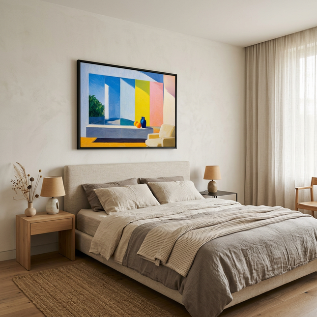 Constructed Dimension hand-painted landscape painting displayed in a serene bedroom